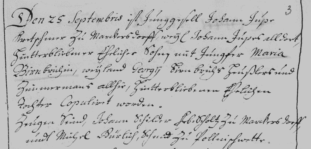 Junggeselle Johann Jupe ehelicher mit Jungfrau Maria Birnbrich